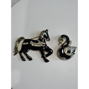 Vintage Brooch Set Black gold enamel rhinestone Horse and Swan